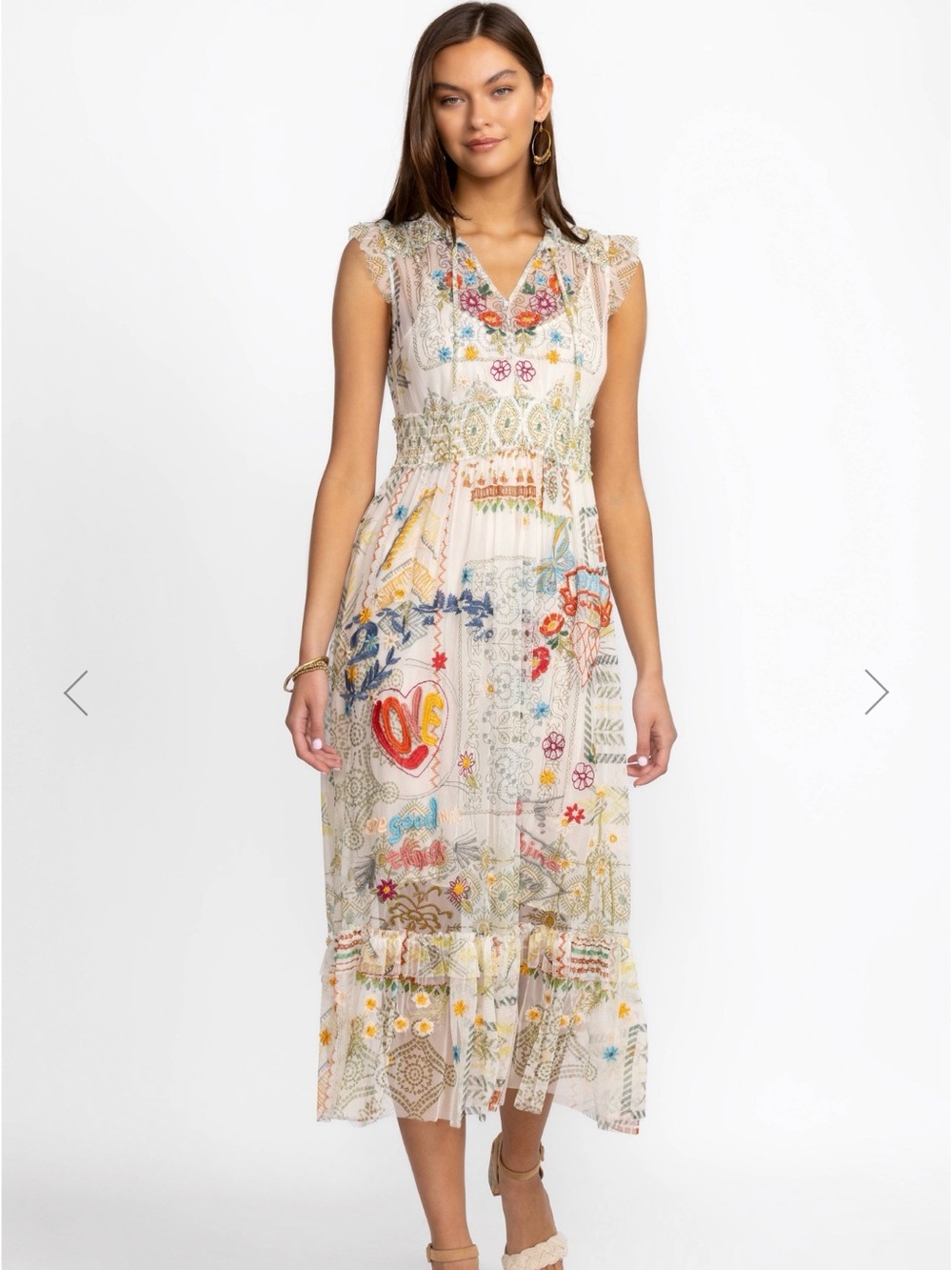 Sleeveless Embroidered Floral Midi Dress in Cream